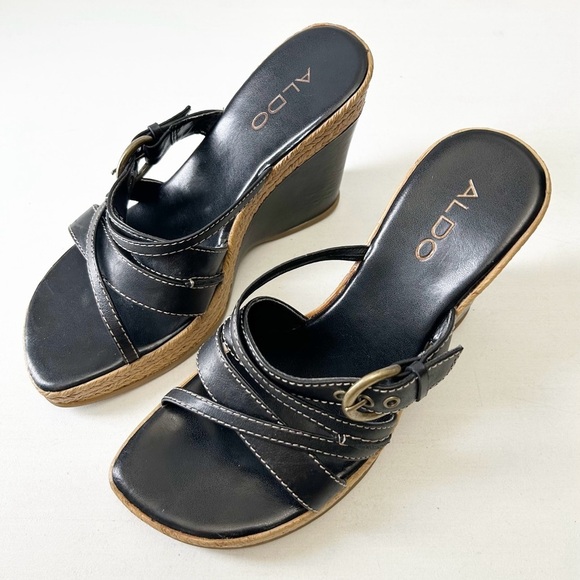 Aldo Black Strappy Wedge Sandals with Espadrille Detail Size 37 - Picture 5 of 16